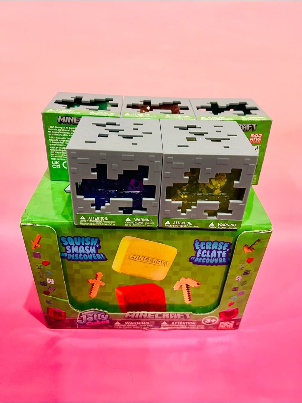 Minecraft Jelly Cube Squishy - Blue, Green, Purple, Yellow, & Red - PACK OF 5